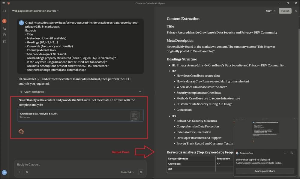 Claude Desktop interface showing progress after submitting a prompt