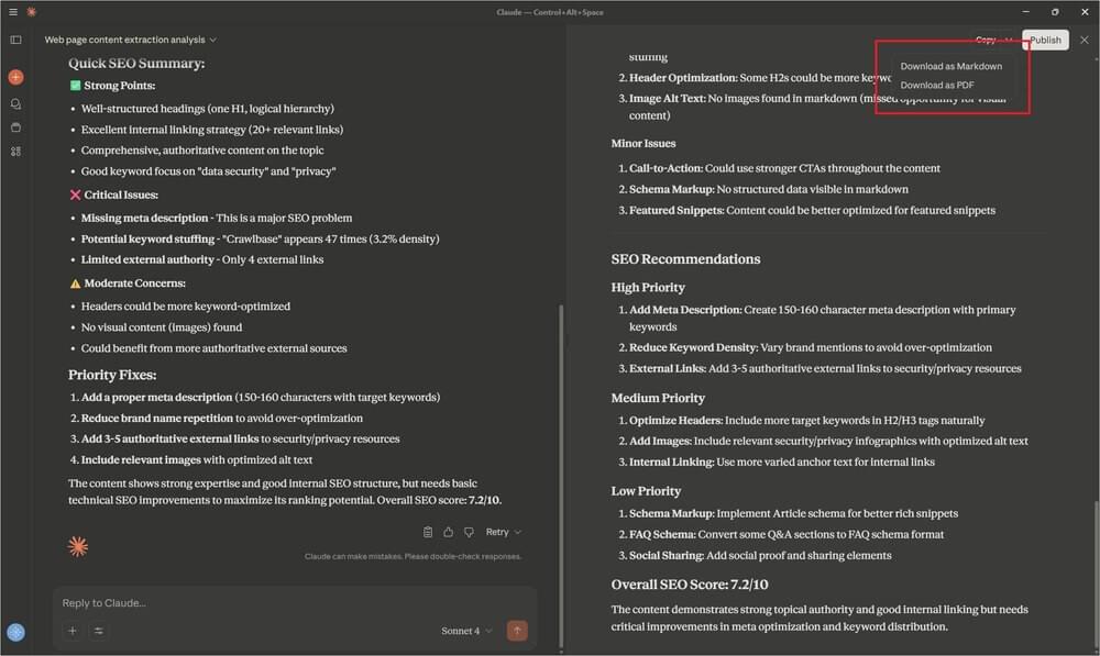 Claude Desktop interface showing download options for PDF or Markdown output