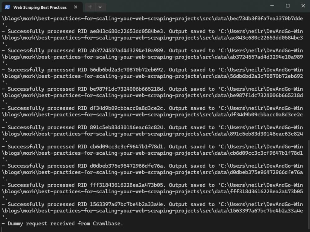 Screenshot of Webhook HTTP Server after crawling