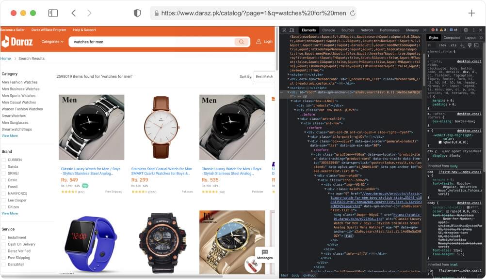 Daraz Search Page Inspect