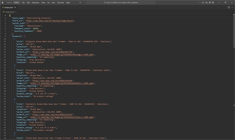 Generated JSON output from AI web scraper
