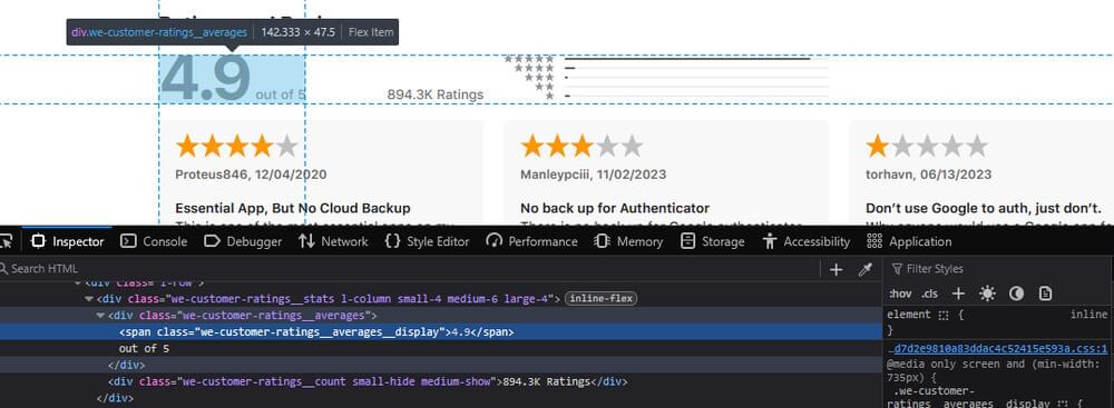 An image of the Chrome Browser Developer Tools highlighting the content ratings element.