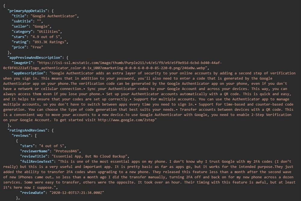 An image displaying a structured JSON output obtained from scraping the Apple App Store.