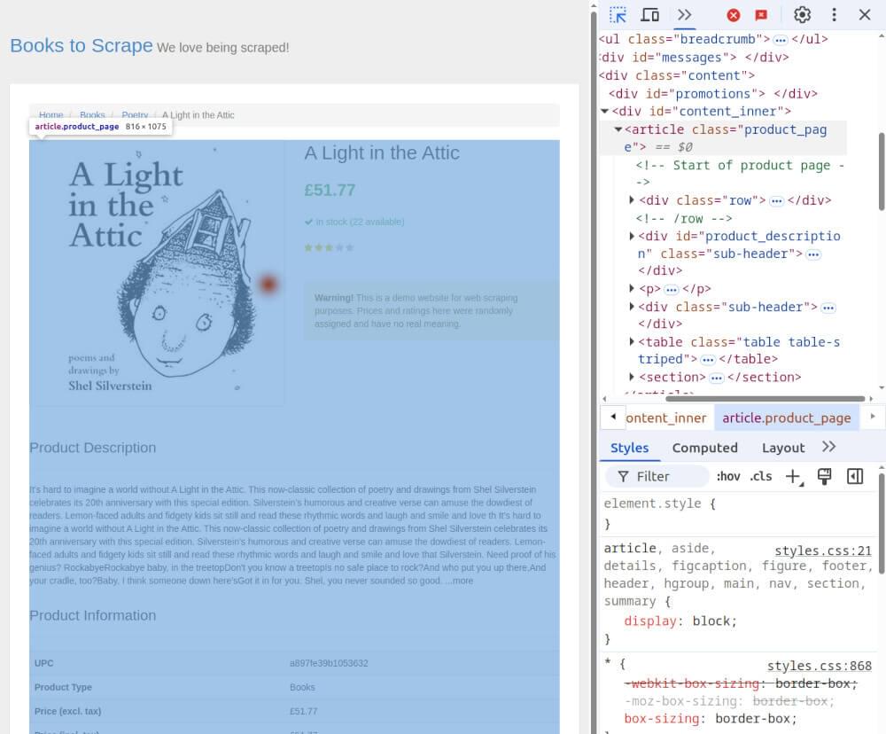 Screenshot showing a web page’s HTML structure in browser developer tools, highlighting a specific section to extract using BeautifulSoup