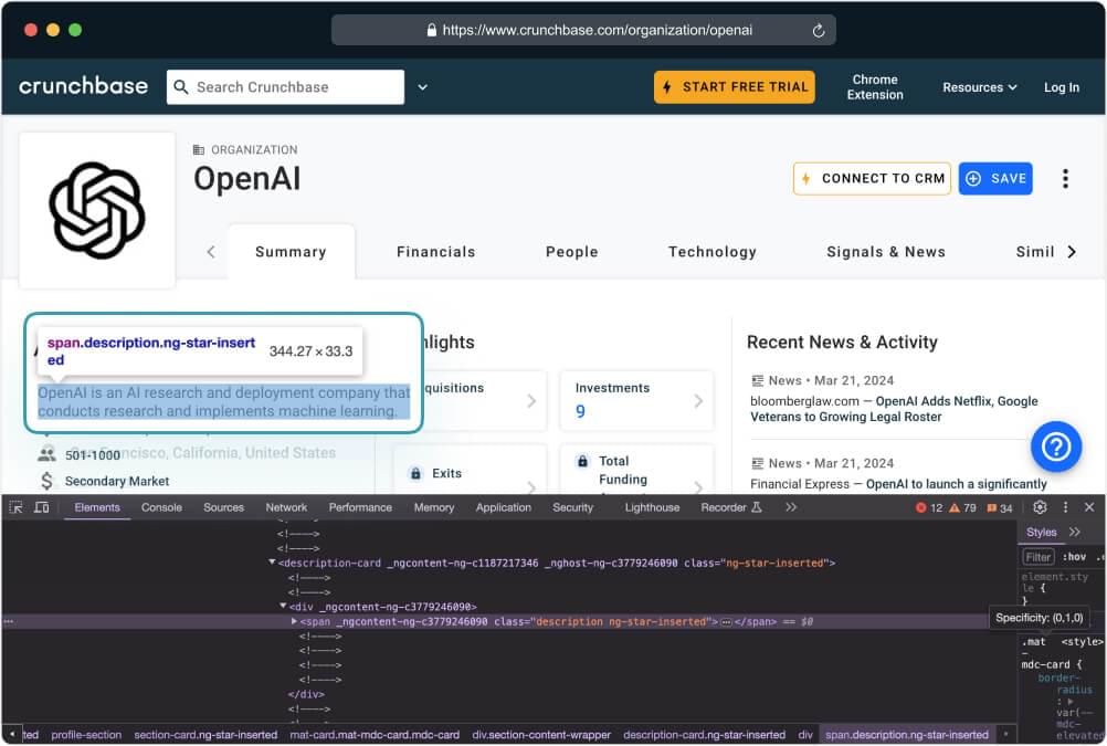 scrape crunchbase company description