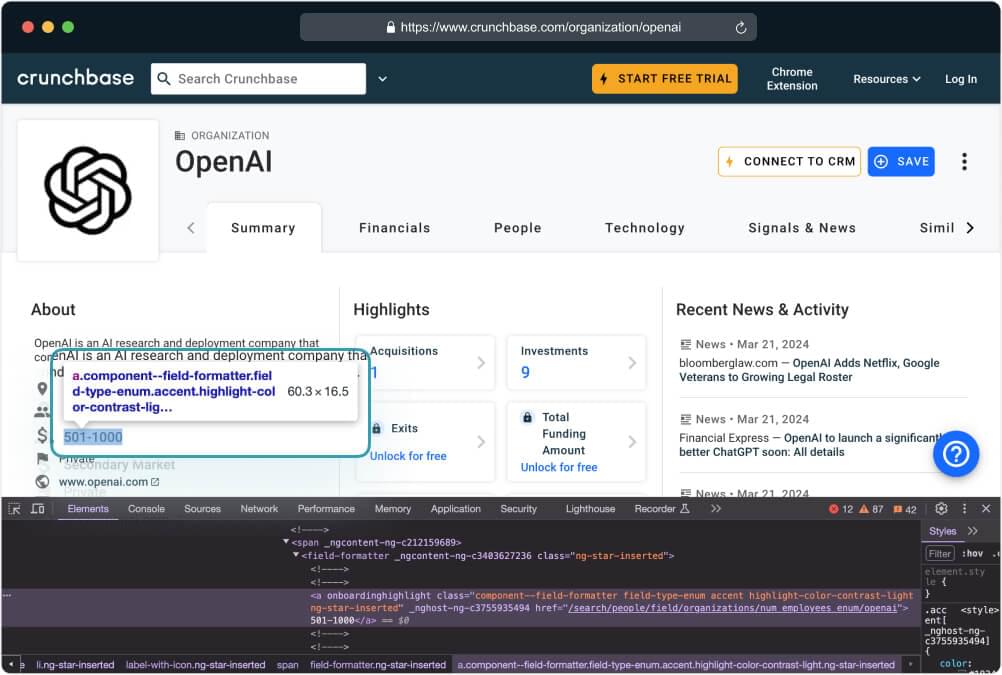 scrape cruchbase company employees
