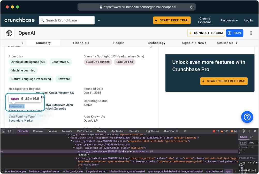 scrape Crunchbase company founders