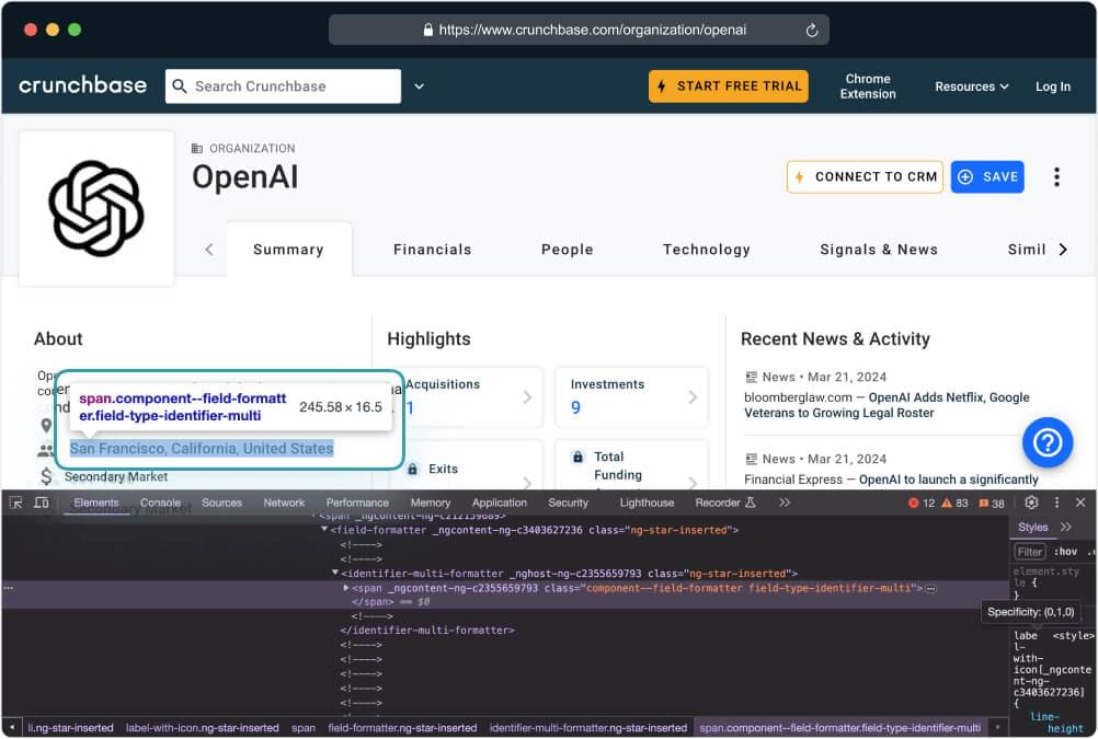 scrape cruchbase company location