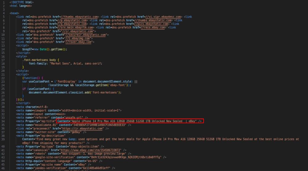 HTML response of eBay Product Page