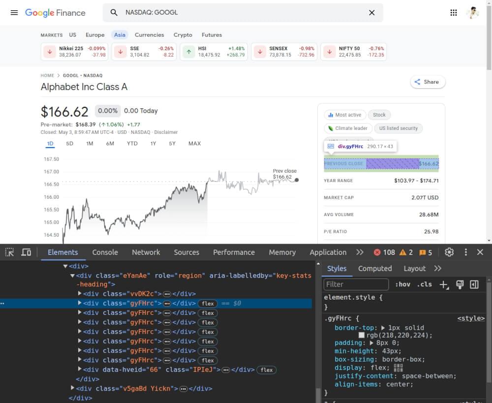 Scraping google finance stock description