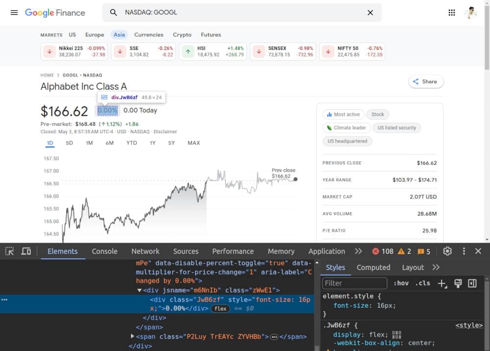 Scraping google finance stock price change