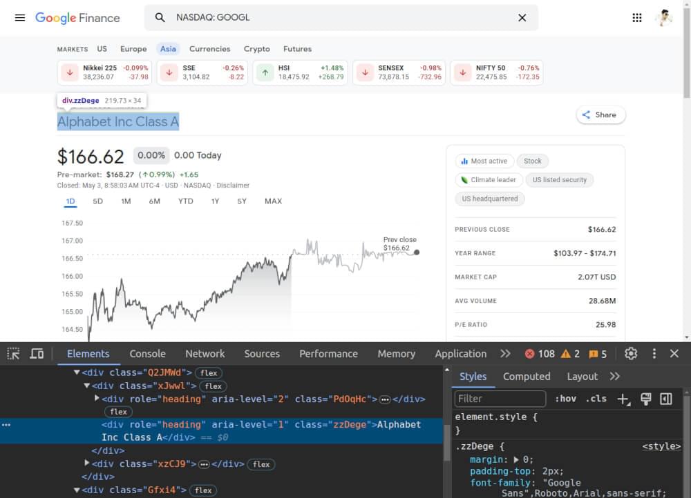 Scraping google finance stock title