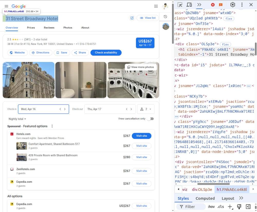Screenshot of Scraping Google Individual Hotel Details HTML inspection