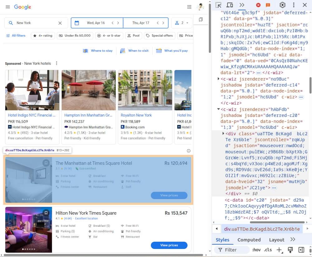 Screenshot of Scraping Google Hotels Search Results HTML inspection