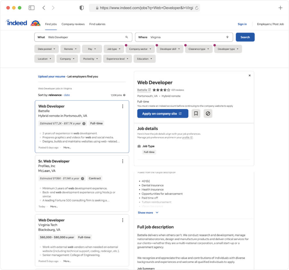 Indeed Job Search Page