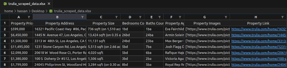 trulia_scraped_data.xlsx Snapshot