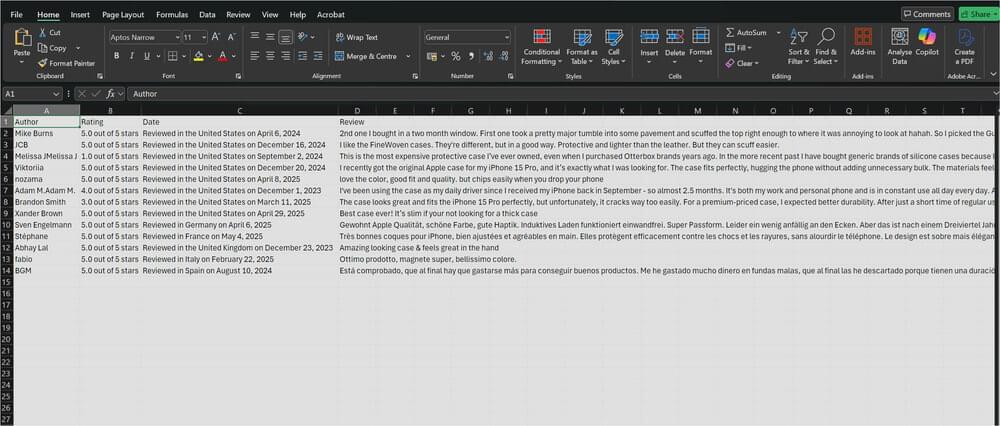Amazon product reviews in a CSV file and viewed from Microsoft Excel