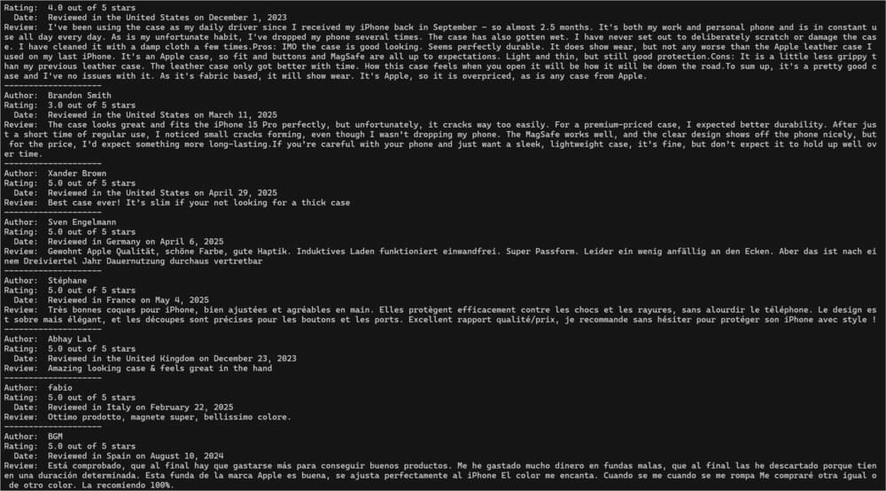 Parsed Amazon product reviews terminal console output