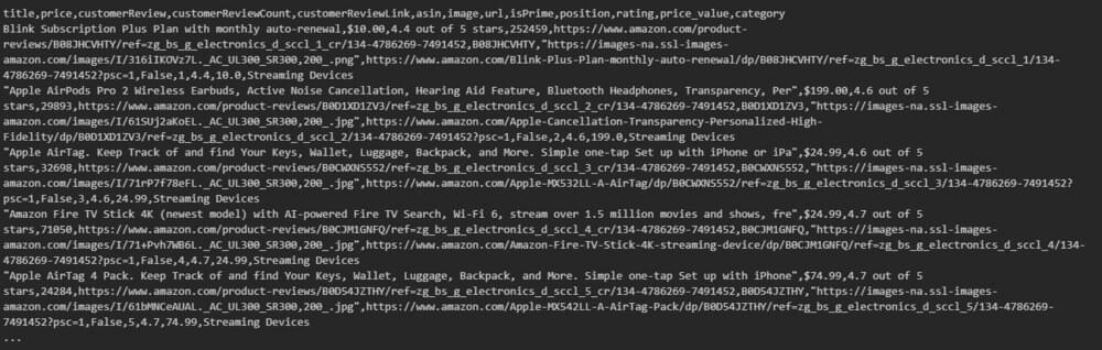 An image showing Amazon Best Seller in CSV file