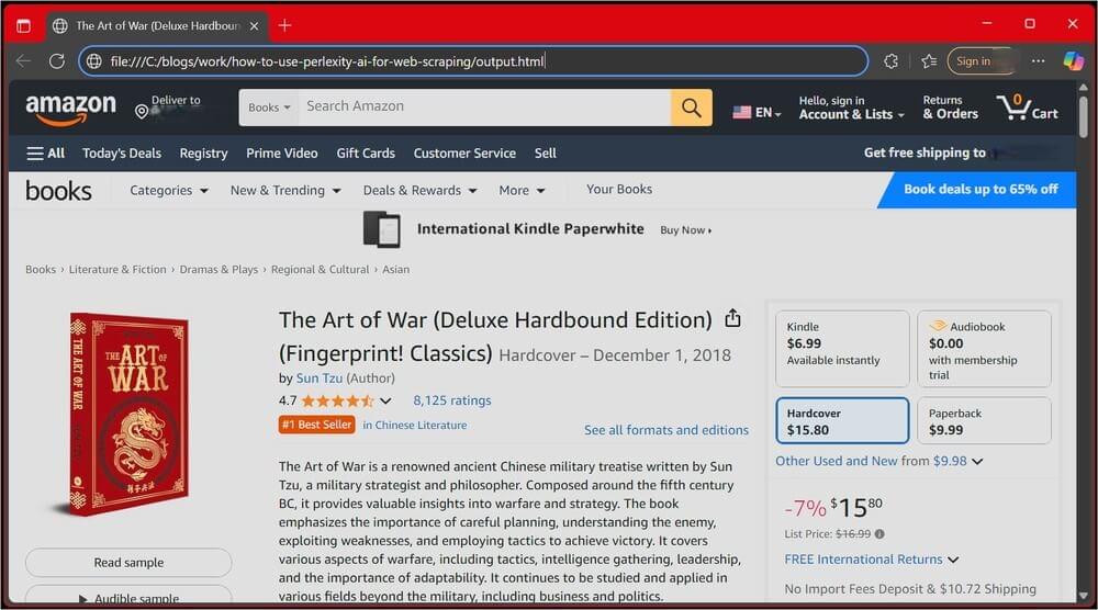 Amazon book page browser output