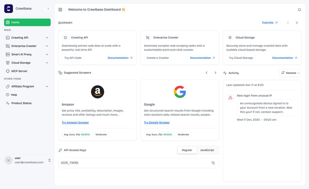 An image shows the new Crawlbase dashboard An image shows the new Crawlbase dashboard