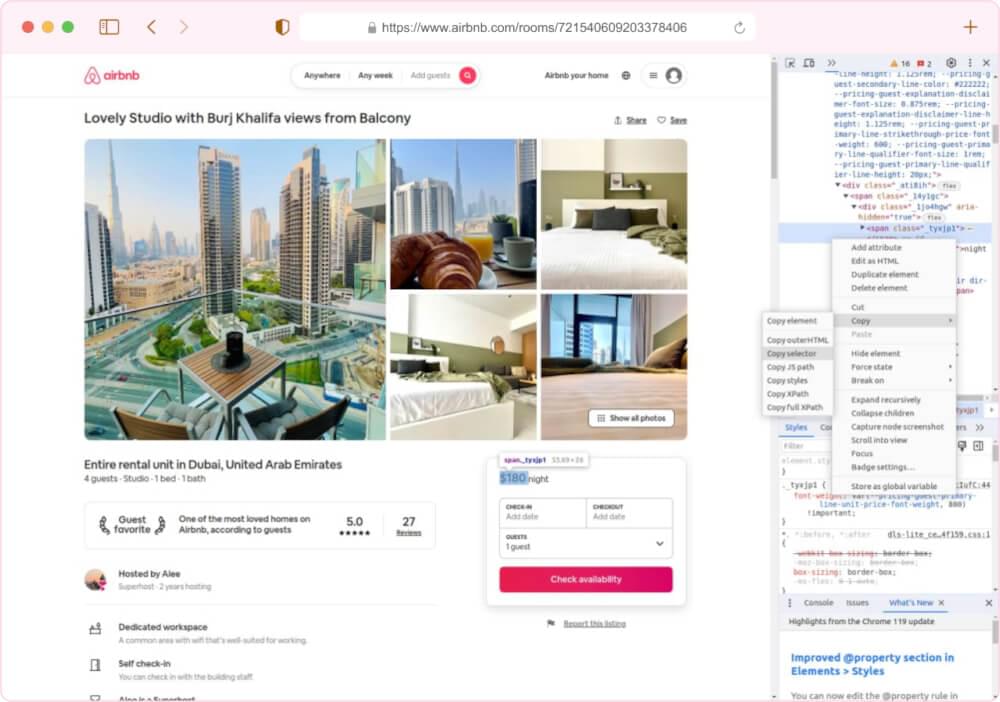 Airbnb property page inspect