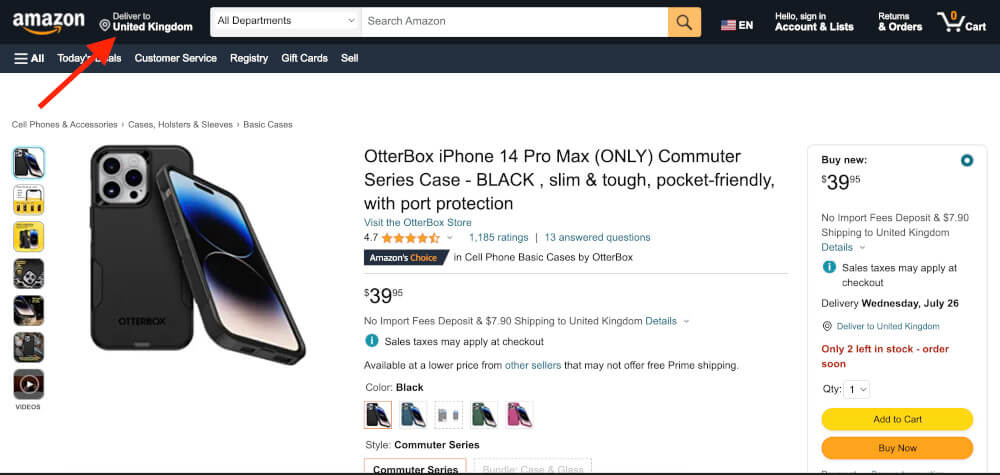 Amazon product page for a phone case