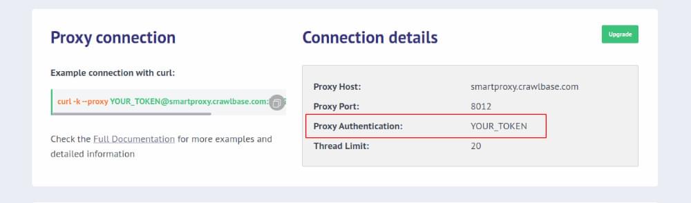 Smart AI Proxy connection details at Crawlbase dashboard