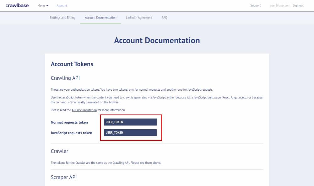 Crawlbase account documentation page