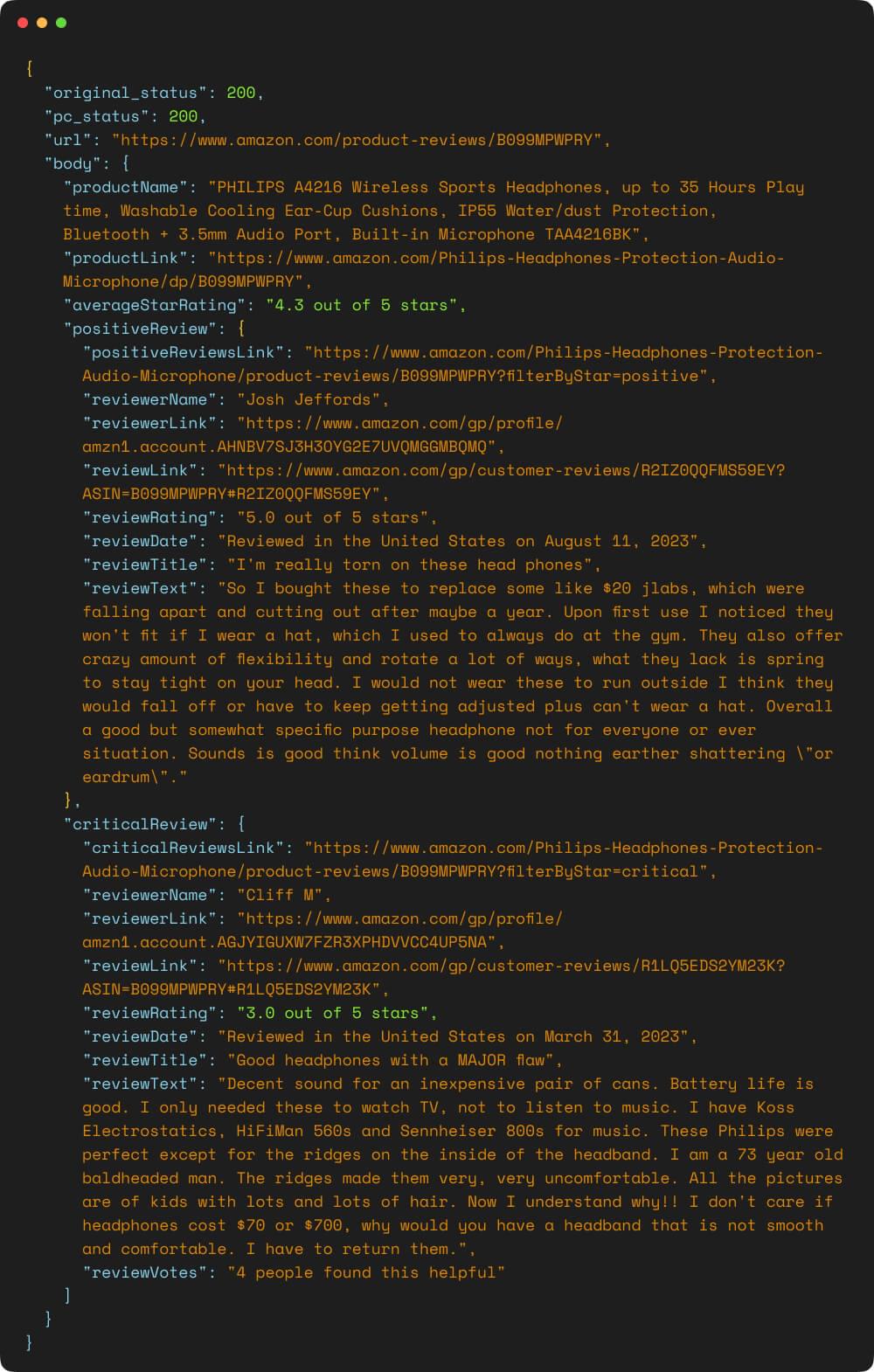 JSON response of Amazon product customer reviews