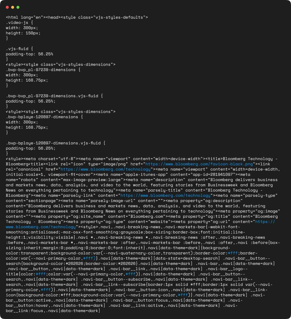 HTML response of Bloomberg technology page