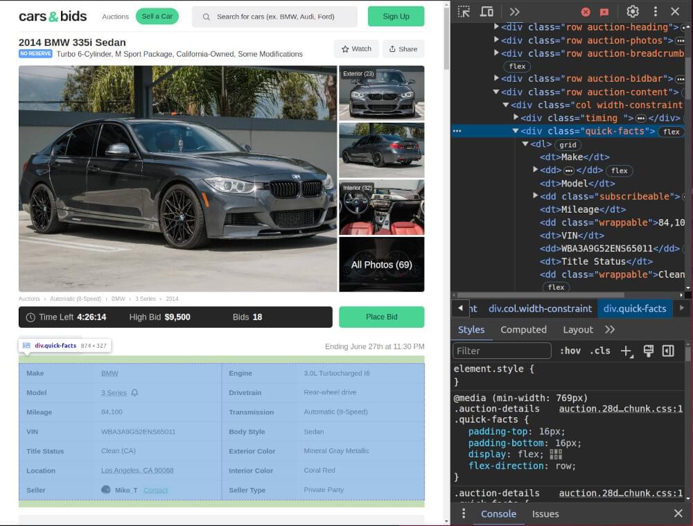 Inspect carsandbids.com’s product page.