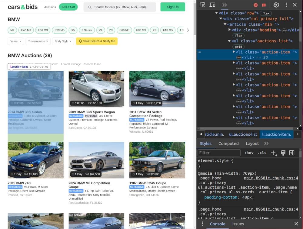 Inspect carsandbids.com’s search results page