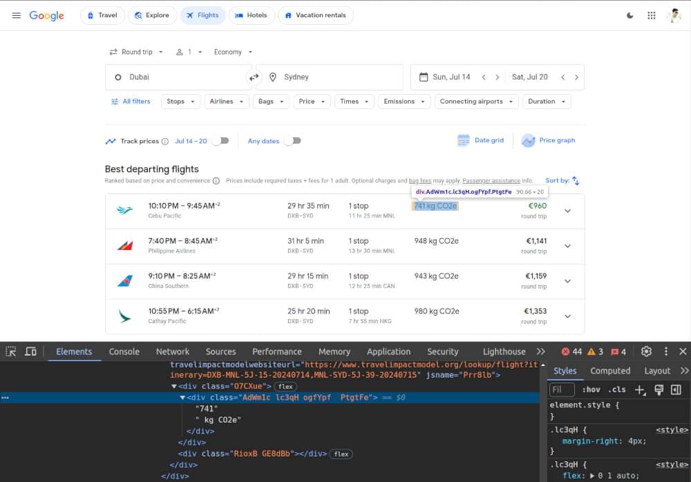 scrape google flights CO2 emission