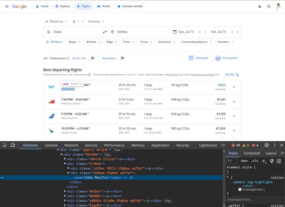 scrape google flights company name