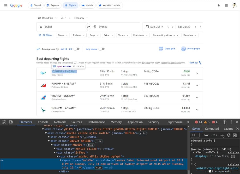 scrape google flights departure and arrival dates
