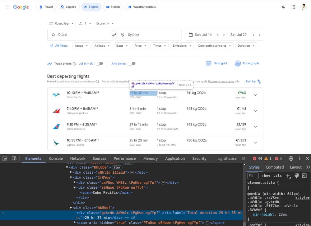 scrape google flights duration