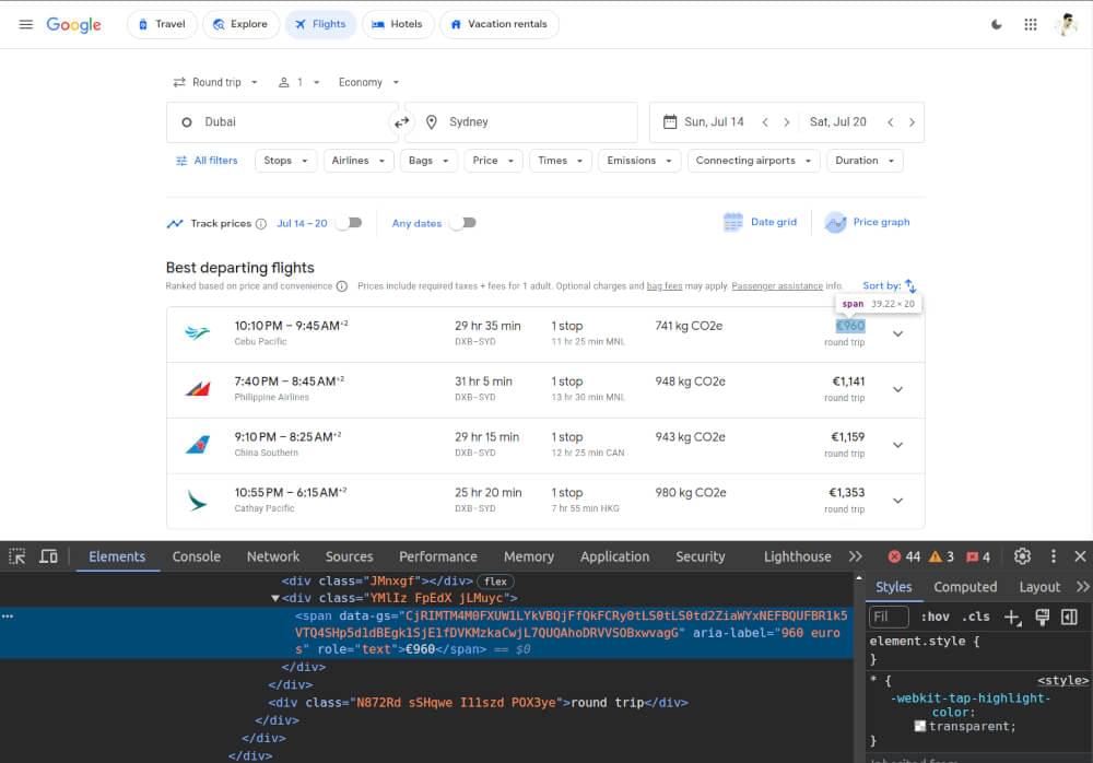 scrape google flights price