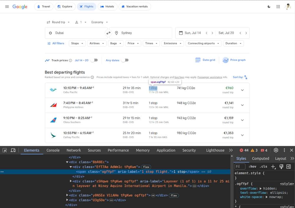 scrape google flights stops