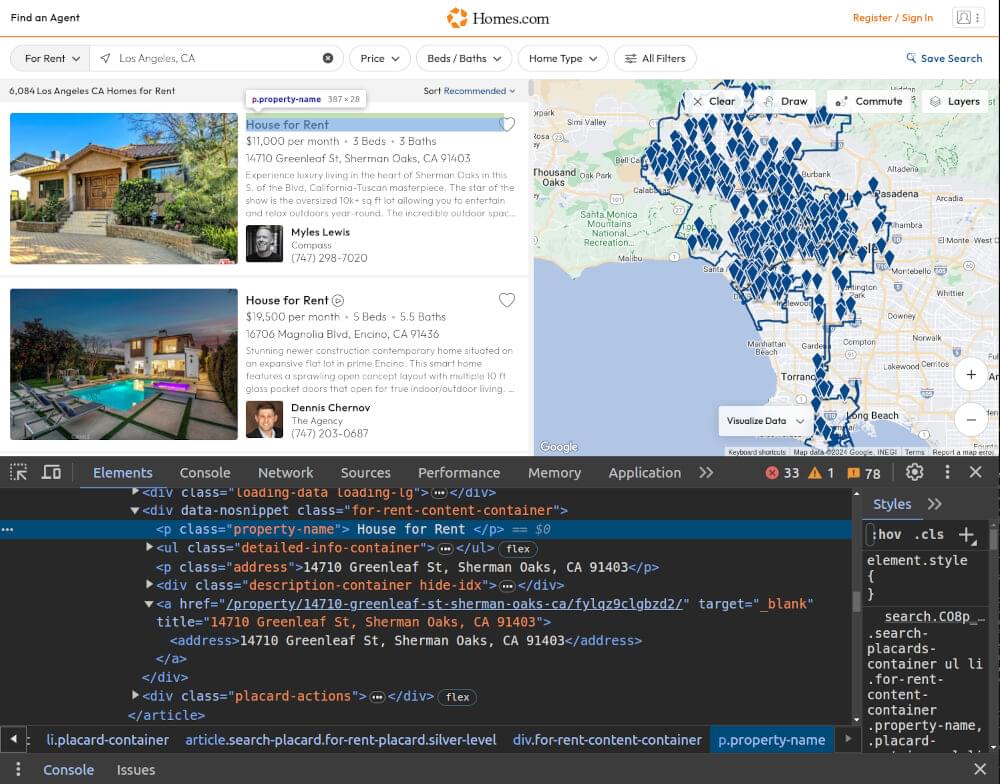 Scrape homes.com search listing title