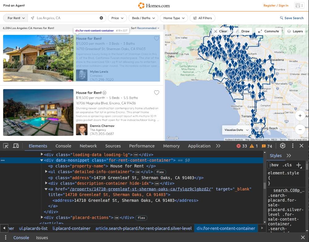 Scrape homes.com search listings