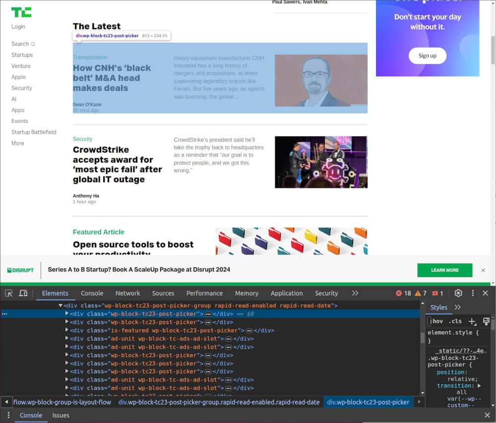 An image of the HTML structure of Techcrunch listings An image of the HTML structure of Techcrunch listings