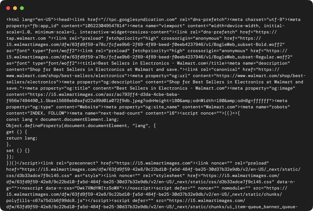 HTML response of Walmart Best Sellers page
