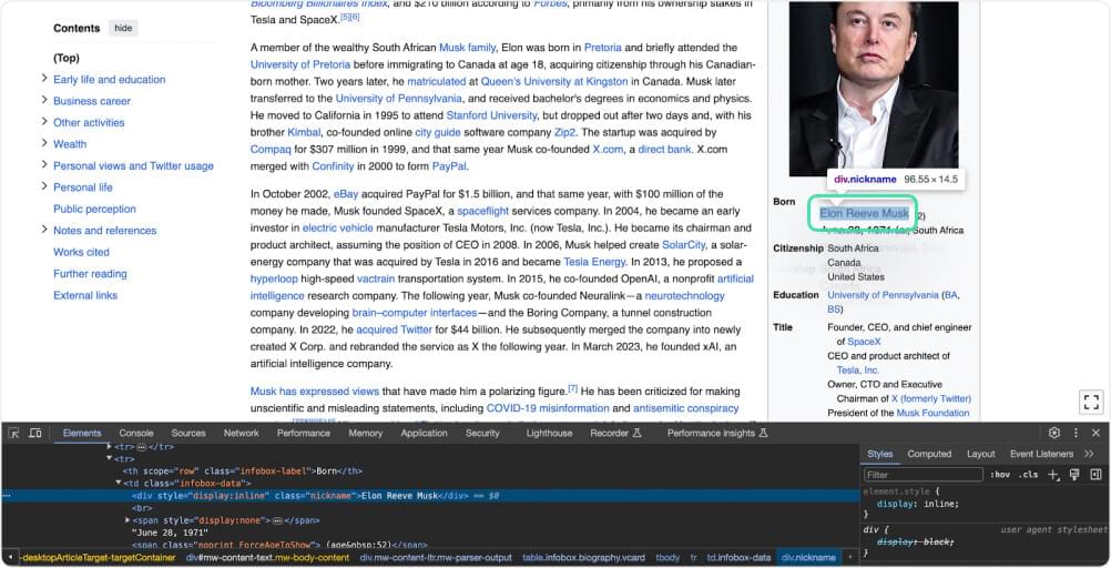 How to Scrape Wikipedia Nickname property