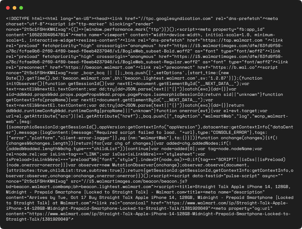 HTML response of scraped Walmart page