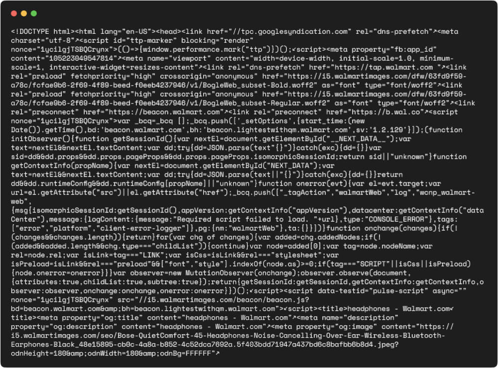 HTML response of Walmart headphones search result page